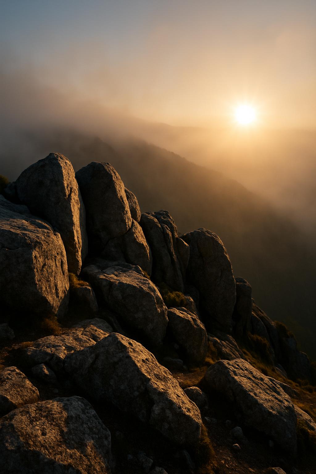 rochers émergeant du nuage au soleil couchant